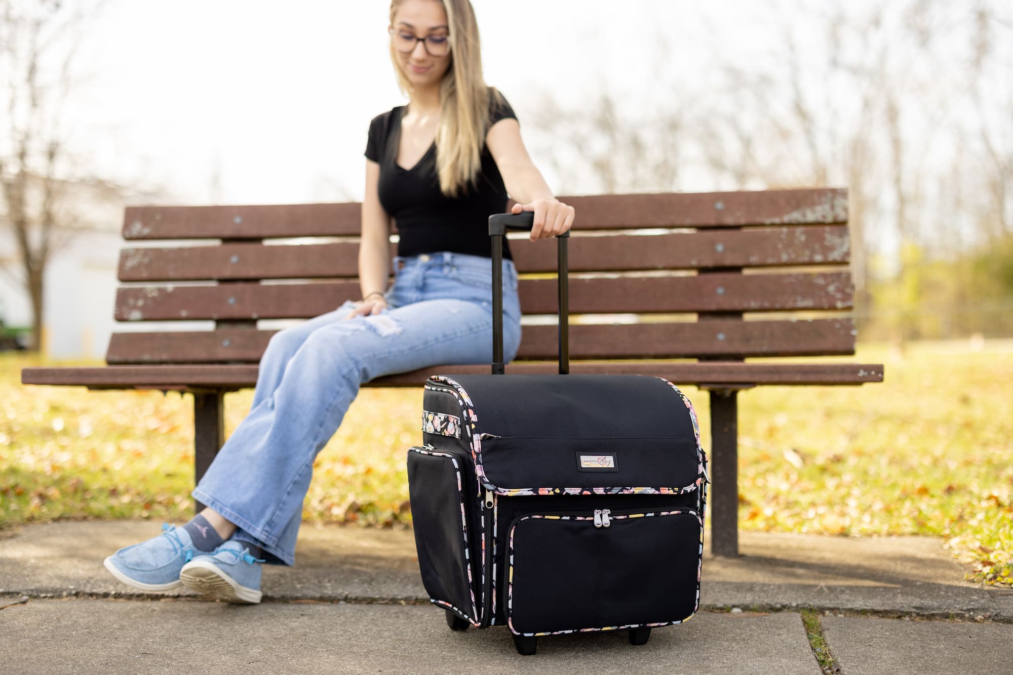 Everything Mary Black Floral Deluxe Collapsible Rolling Craft Bag
